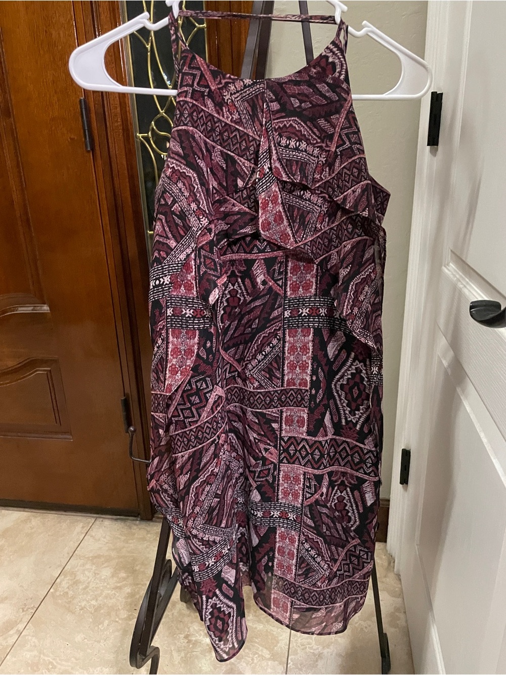 BCBGeneration Pink and Black Printed Mini Dress with Ruffle Strappy Flowy Size S